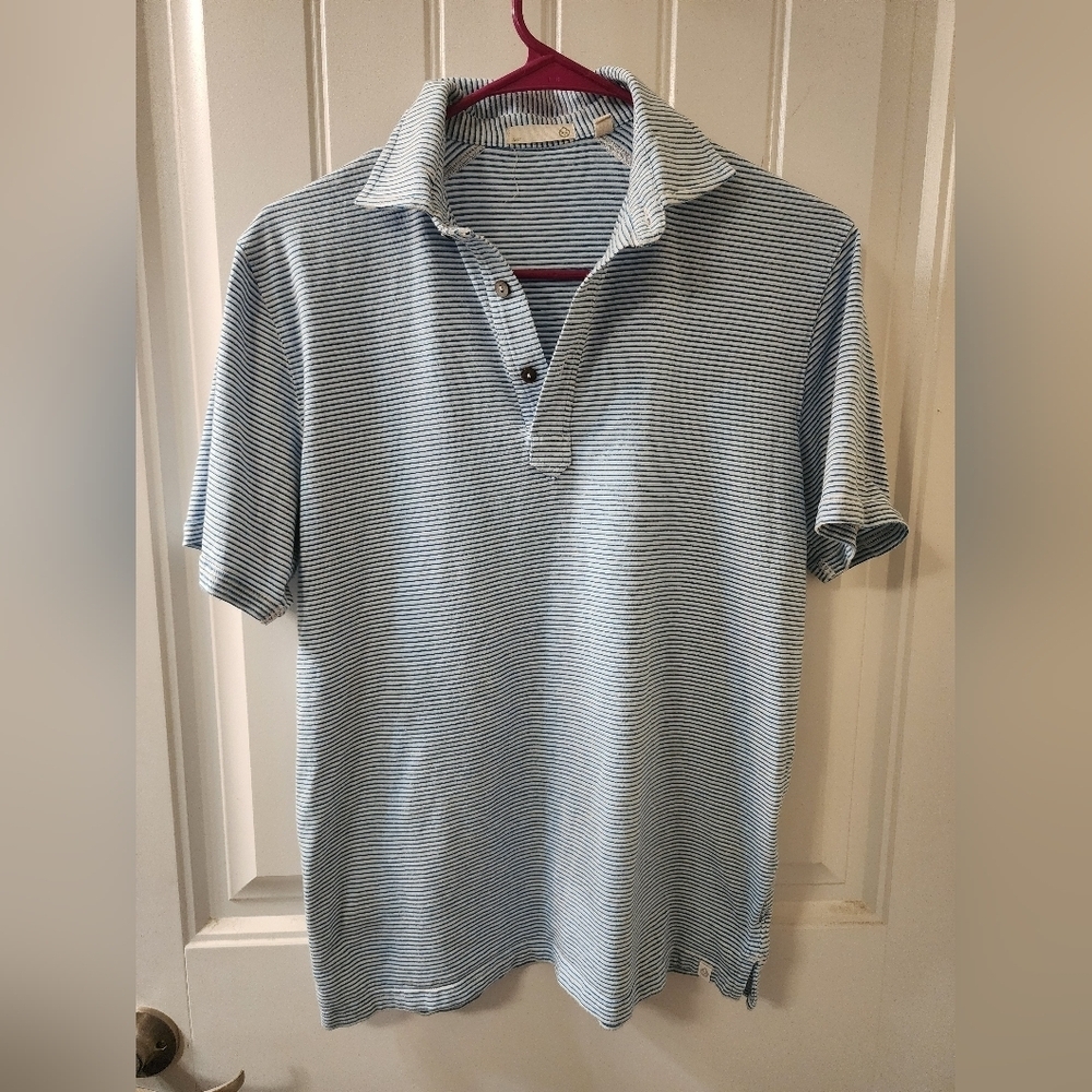 tasc Performance Blue & White Striped Polo Shirt Size Small Athletic Golf